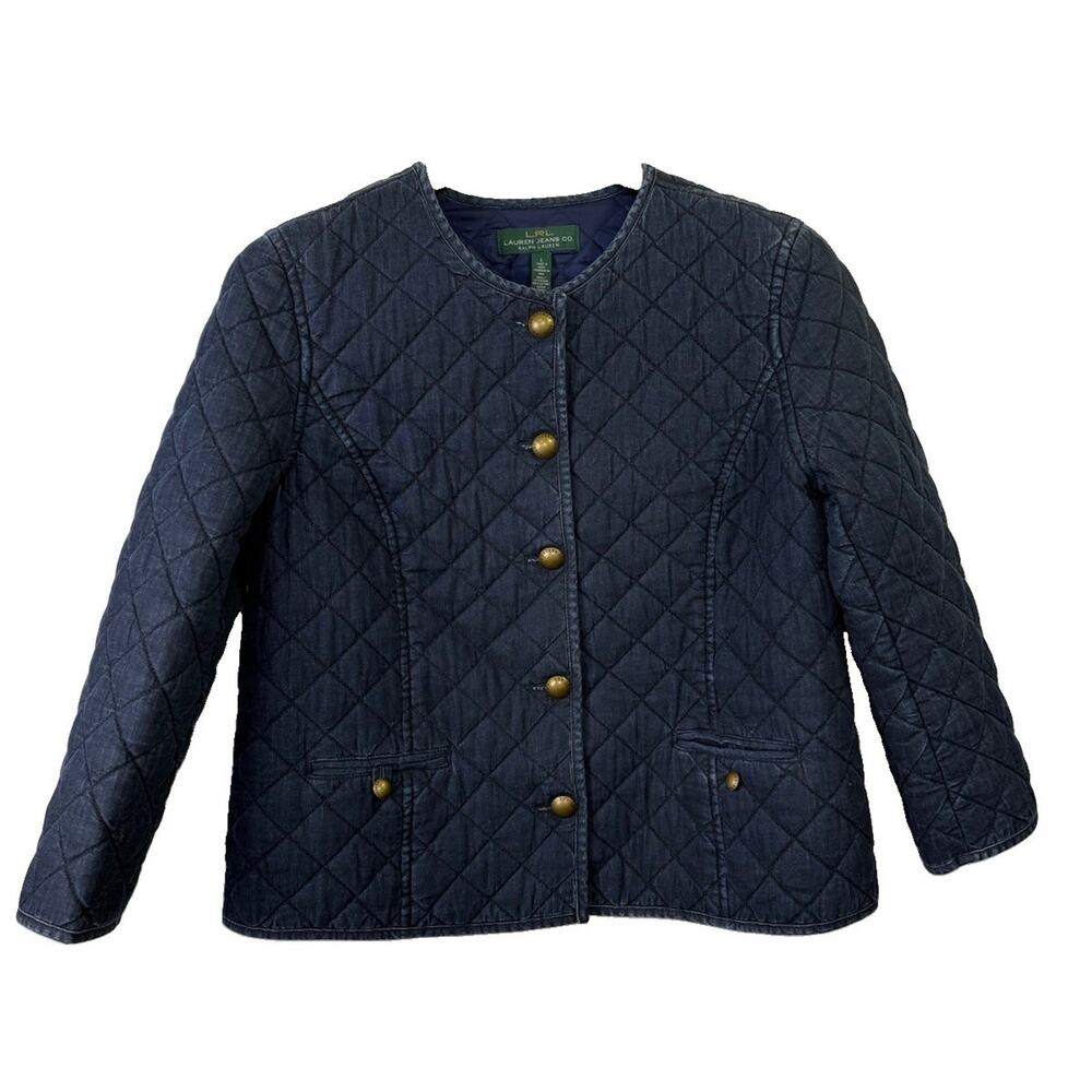 Lauren Jeans Co Ralph Lauren Womens L Quilted Denim Jacket Brass Button Blue Y2K